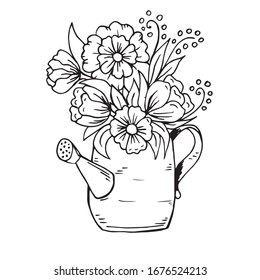 Doodle cartoon watering can with flowers
