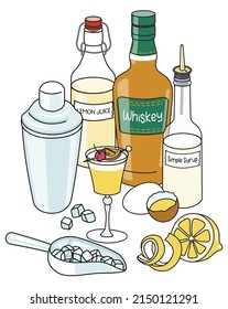 Doodle cartoon Whiskey Sour and ingredients composition. A bottle of whiskey, lemon juice and sugar syrup, shaker, ice scoop, lemon and eggs. For bar menu, stickers or alcohol cook book recipe.