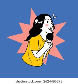 Doodle cartoon woman with black hair, wearing a yellow t-shirt, with a surprised expression, on a blue background with a pink starburst.