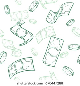 Doodle cash flow. Raining money seamless vector pattern. Falling sketch dollars background. Money finance coins and banknotes illustration
