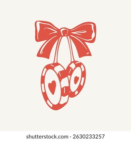 Doodle casino chip with bow ribbon. Hand drawn vector illustration in girly feminine coquette style. Roulette, poker coins. Lucky game day