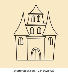 Castillo de Doodle aislado de fondo. Castillo dibujado a mano al estilo doodle. Ilustración vectorial. Esquema. 