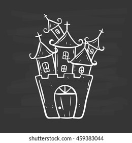 Doodle castle with outline on chalkboard background