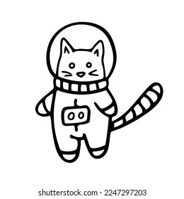 Doodle de astronauta gata aislado de fondo blanco. Ilustración vectorial dibujada a mano de una mascota de espacio lindo para niños diseño y libro de colorear.