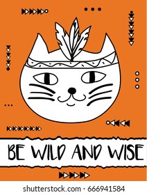 Doodle cat boho feathers headband. Modern postcard, flyer design template. Tribal, woodland greeting card.