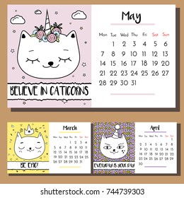 Doodle cat calendar design template. 2018 calendar with funny hand drawn style cats characters. Spring season