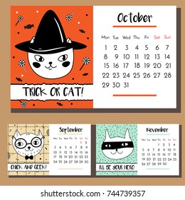 Doodle cat calendar design template. 2018 calendar with funny hand drawn style cats characters. Autumn season