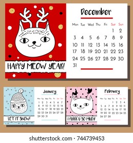 Doodle cat calendar design template. 2018 calendar with funny hand drawn style cats characters. Winter season