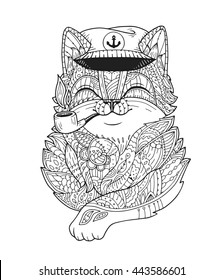 Doodle cat captain smoking pipe in vector. Hand-drawn animal head with floral ornament. Fluffy tomcat in zentangle style. Black and white illustration for adult coloring page, t-shirt print, poster.