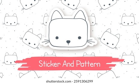 Doodle Cat Cartoon Character, Hand Drawn Kids Animal Style, Seamless Pattern, Sticker With Shadow. Vector eps 10.