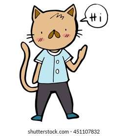 Doodle cat with cartoon speech bubble for text input. say Hi 