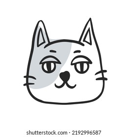 Doodle cat character head art. Funny hand drawn kitty face vector illustration. Pet shop, veterinary, market product symbol, sign, logo, pictogram, emblem, label