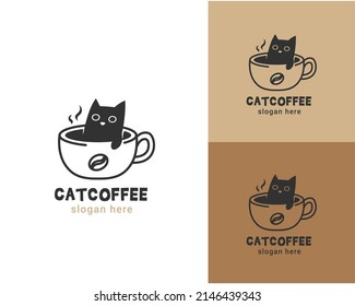 doodle cat coffee cup logo template