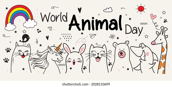 Doodle with cat, dog, bird, bear, unicorn, rabbit and giraffe. World animal day. Vector illustration.