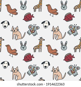 doodle cat, dog, rabbit, fish, giraffe, neutral tone vector pattern, scandinavian pattern