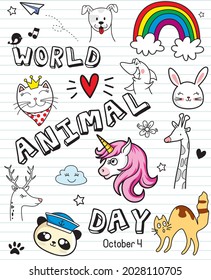 Doodle with cat, dog, shark,panda, bear, unicorn, rabbit and giraffe. World animal day. Vector illustration.