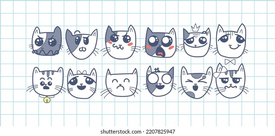 Doodle cat emoticons. Happy cartoon pets with big kawaii eyes, cute emotions of home animals, vector illustration of loving and smiling kittens