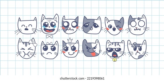 Doodle cat emoticons. Happy cartoon pets with big kawaii eyes, cute emotions of home animals, vector illustration of loving and smiling kittens