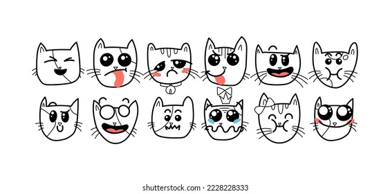 Doodle cat emoticons. Happy cartoon pets with big kawaii eyes, cute emotions of home animals, vector illustration of loving and smiling kittens