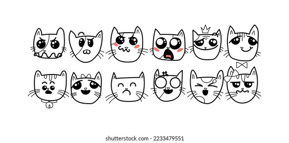 Doodle cat emoticons. Happy cartoon pets with big kawaii eyes, cute emotions of home animals, vector illustration of loving and smiling kittens
