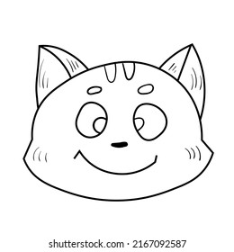 Doodle cat emotion head. Smile face. Cute fun kid vector illustration. Black line art animal on white background.