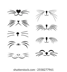 Doodle cat face icon with mustache, nose, and whiskers, outlined in a hand-drawn style. Vector illustration of a cat muzzle.