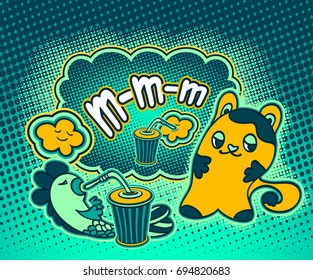 Doodle cat fish cloud  in pop art cartoon comic retro style drinking drink and thinking MMM on Speech bubble with halftone for advertising Rating quality product