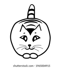 Doodle cat in full face on a white background.Vector cat can be used in the design of postcards, coloring pages,textiles.