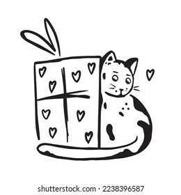 Doodle cat with gift box vector illustration. Valentine day illustration