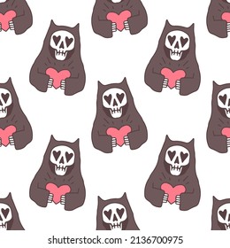 Doodle cat grim reaper skull with heart on white background seamless pattern. Modern vintage, pop art style seamless pattern concept.