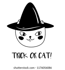 Doodle cat in Halloween hat and funny text trick or cat. Design for prints and seasonal cards