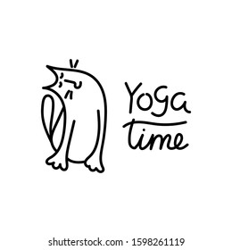 Doodle cat hand drawn style. Isolated cute cat do yoga . Yoga time, inscription. Black and white line vector art illustration.