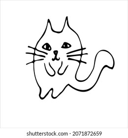 Doodle cat is a hand-drawn vector. Funny mustachioed cartoon kitten.