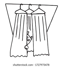 Doodle cat in a hut. A simple pet behind the curtain. Illustration with a lurking cat. Stock image on a white background.