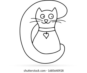 doodle cat icon isolated, outline kids hand drawing art, sketch pet, letter c, vector illustration