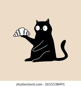 Doodle Cat Illustration Holding Croissant
