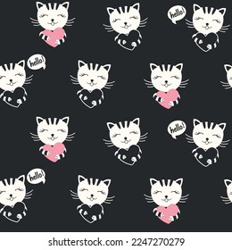 DOODLE CAT, KITTEN WITH PINK HEART SEAMLESS PATTERN IN EDITABLE FILE