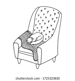 Doodle cat laying on cozy chair with blanket. Outline sleepy kitty and armchair. Vector illustration for cards, print, pattern, t shirt, poster, textile