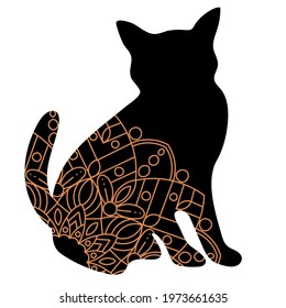 Doodle cat mandala in black and gold for page adult coloring books, animal vector pattern. Antistress design.