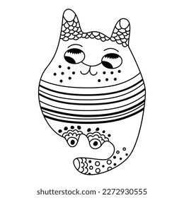 Doodle cat mandala in black and white for adult coloring books, monocrome animal vector.