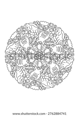 Doodle cat mandala coloring page for kid and adult. Meditation coloring art. Mandala art vector illustration.