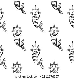 Doodle cat mermaid unicorn pattern. Seamless background with cute kitten unicorn-mermaid with seashell. Black line sketch art icon. Cartoon kids design. Outline drawing logo minimal style.