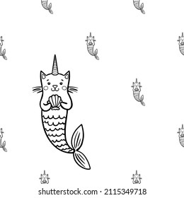 Doodle cat mermaid unicorn pattern. Seamless background with cute kitten unicorn-mermaid with seashell. Black line sketch art icon. Cartoon kids design. Outline drawing logo minimal style.
