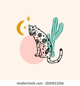 Doodle cat and moon funny cartoon cute leopard desert art print.