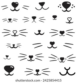 Doodle cat mustache nose icon isolated on white. Outline hand drawing art line. Sketch logo animal. Vector stock illustration. Image of cat muzzle with long whiskers isolated on the white background