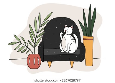Doodle Cat on the couch. Hand-drawn pet in a cozy interior with plants in a pot. White striped animal licks its paw at home. Line kitten sits and washes on soft furniture. Vector funny illustration