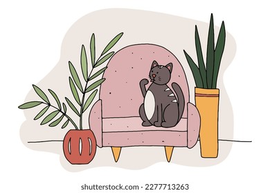 Doodle Katze auf dem Sofa. Handgezeichnetes Haustier in gemütlicher Atmosphäre mit Pflanzen in einem Topf. Graues gestreiftes Tier leckt seine Kuh zu Hause. Kätzchen aus der Linie setzen und waschen auf weichen Möbeln. Vektorgrafik-lustige Illustration