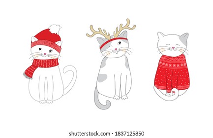 Doodle. Cat on an isolated white background. Christmas card with cats. Happy New Year. Cat in garlands. Merry Christmas.