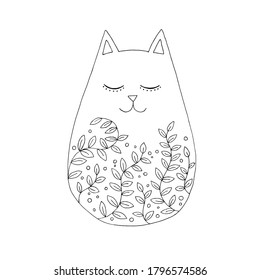 Doodle cat with a pattern on the body of plants, leaves, shoots. Black and white vector illustration by hand
