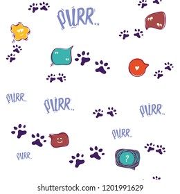 Doodle cat paw seamless background. Purr. Abstract cat paw vector seamless pattern for card, invitation, poster, banner, placard, diary, album, sketch book cover etc. Domestic animal.